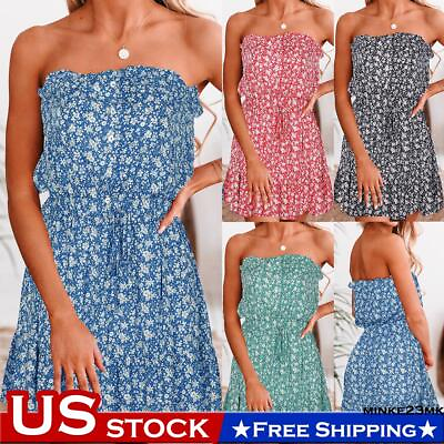 #ad Women Sexy Boho Floral Strapless Summer Dress Ladies Holiday Beach Sun Dresses $10.66