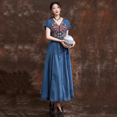 #ad New Women#x27;s Denim Dress Button Front Embroidered Maxi Shirt Dresses Blue A2578 $66.00