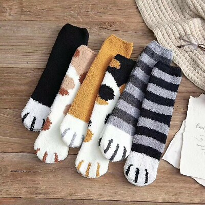 6 Pairs Warm Winter Socks Girls Kitty Cat Paws Cute Thick Warm Sleep Floor S M $14.99