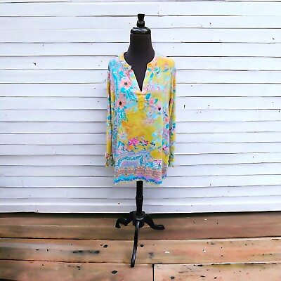#ad Soft Surroundings Yellow Modal Floral Tunic Blouse Top V Neck Boho Medium $25.26
