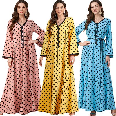 #ad Dubai Women Muslim Abaya Polka Dot Maxi Dress Islamic Kaftan Ramadan Robe Party $33.45