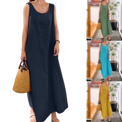 #ad Women Loose Camisole Dress Round Neck Cotton Linen Pocket Sleeveless Long Dress $20.93
