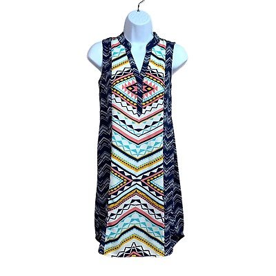 #ad XS Blue Geometric Boho Print Sleeveless Sheath Dress Lightweight $8.99