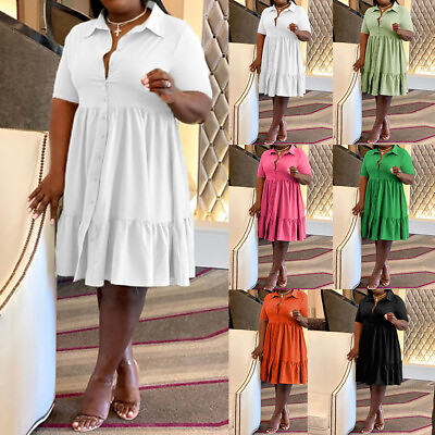 Summer Plus Size Womens Button V Neck Midi Dress Ladies Short Sleeve Shirt Dress $23.79