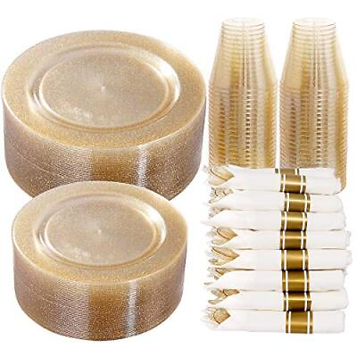 350 Pieces Gold Glitter Dinnerware Set 50 Guest For Party50 Dinner Plates 50 Des $99.73