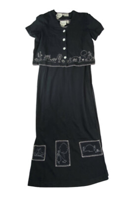 Vintage Karin Stevens Dress Womens 2 Pc Maxi 12 Black Embroidered Family 90s Y2K $19.59