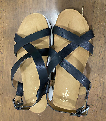 Crown Vintage Black Cross Strap Sandals Women’s Size 10 Chunky sole Boho Shoes $13.44