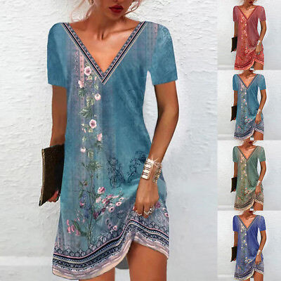 #ad Plus Size Womens V Neck Floral Mini Dress Summer Beach Holiday Swing Sundress US $16.29