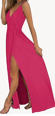 #ad II ININ DRESS Size LARGE Women#x27;s Maxi Sundresses Long Wrap V Neck Fuchsia $19.99