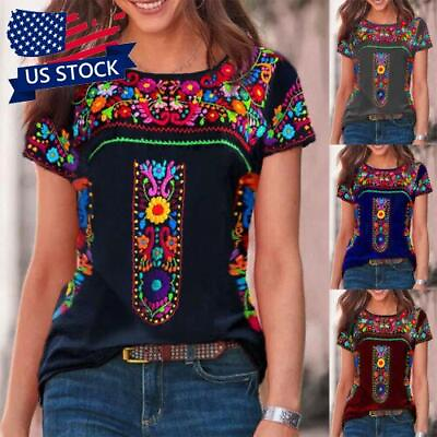 Womens Boho Print Short Sleeve Tunic T Shirt Ladies Casual Loose Blouse Tops US $14.30