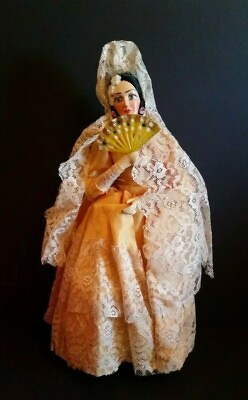 Vintage Doll Mexico Folk Art Senorita Wooden Figurine Yellow Dress 13quot; Tall $55.00