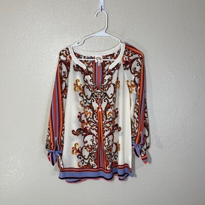 #ad Fig and Flower Multicolor Tie Sleeve Blouse Top BOHO Medium M $19.00