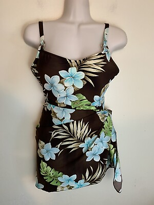 #ad Leiloni Women#x27;s 1 pc Swimsuit Coverup Skirt Brown Aqua Tropical floral size 10 $19.99