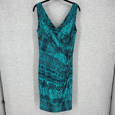 #ad Lauren Ralph Lauren V Neck Faux Wrap Ruched Cocktail Dress Size 8 Blue Geometric $34.94