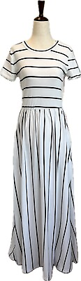 #ad Women’s Striped Maxi Dress Black White Short Sleeve Pockets Sz. S Spring Summer $10.99