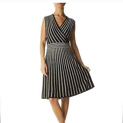 #ad NEW Calvin Klein A Line V Neck Sleeveless Striped Black amp; White Summer Dress XL $33.00