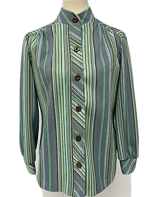 #ad Vintage 60s Sears women#x27;s blouse blazer striped button front green size 10 $13.99