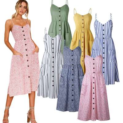 #ad Women#x27;s Dress with Pocket Summer Long Bohemian Adjustable Spaghetti Strap Dress $13.76
