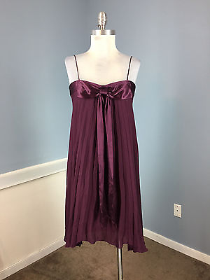 Julie Haus Burgundy Cocktail Party Dress XS Swing 100% Silk Pleated Bow CUTE $29.99