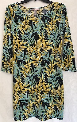 #ad Women#x27;s FOREVER 21 Multi Color Leaves Print Stretch Dress Size M Medium CUTE $9.50