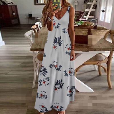#ad #ad Dresses for Women Ladies Floral V Neck Beach Strappy Boho Dress Plus Size Summer $14.99