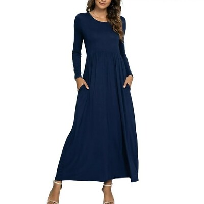 #ad #ad NEW CALIPESSA Women#x27;s Ruffle Tunic Solid Maxi Dress Long Sleeve Scoop Neck Navy $20.99