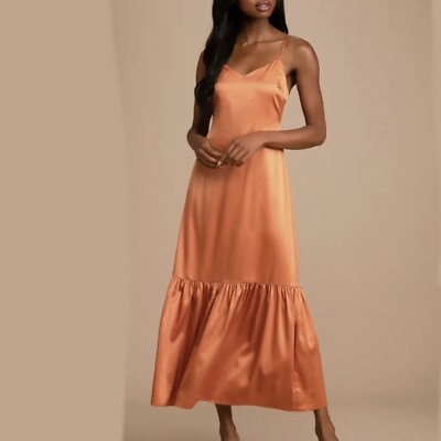 #ad NWT Lulus Because of You Rust Orange Satin Ruffle Tiered Maxi Slip Dress SMALL $44.99