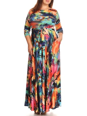 #ad Plus Size Boho Belted Flared Maxi Dress 1X Orange Blue Pink Abstract Art Print $39.95