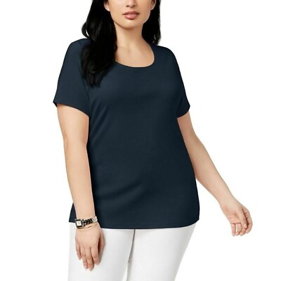 Karen Scott T Shirt Womens Plus Cotton Scoop Neck Short Sleeve Top Intrepid Blue $8.99