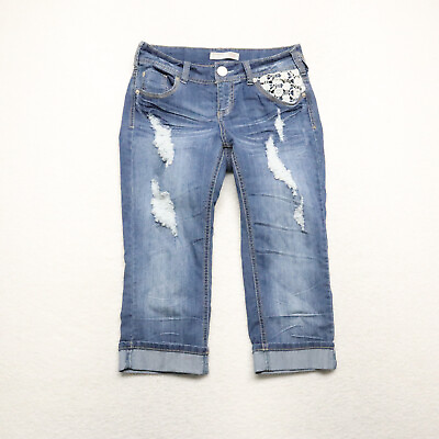 #ad Nobo Women#x27;s Junior Size 9 Blue Capri Cuffed Distressed Medium Wash Stretch Jean $12.45