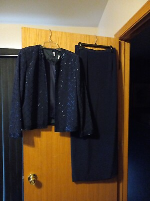 Womens Village Set Navy Blue Sequence 3 Peice Skirt Suit Dress Sz 8 100% Silk $39.99