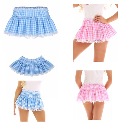 #ad US Women Men Frilly Lace Pleated Mini Skirt Gingham Ruffle Lingerie Micro Skirts $9.19