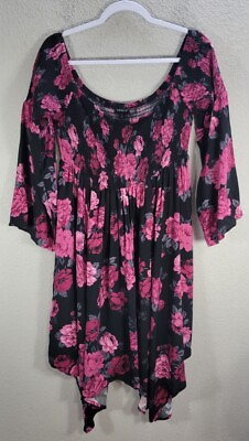 #ad Torrid Black Pink Flower Asymmetric Smoked Dress Flowy Cocktail Stretch Sz 1 $22.14
