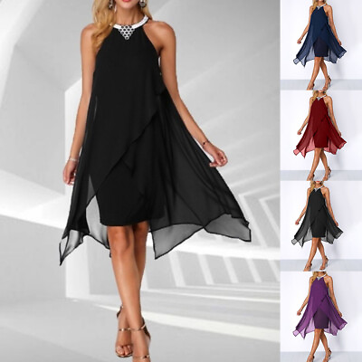 #ad Womens Chiffon Sleeveless Mini Dress Ladies Evening Cocktail Wedding Bodycon US $20.78