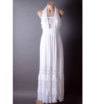 #ad White Summer Beach Halter Crochet Smocked Ruffle Boho Long Maxi Dress S M L $64.99