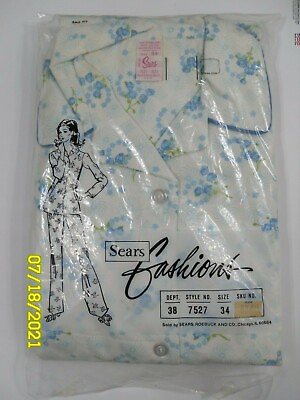 #ad Sears Women Jamarette 100% Cotton Flannel White Blue Flowers Style 7527 Size 34 $45.65