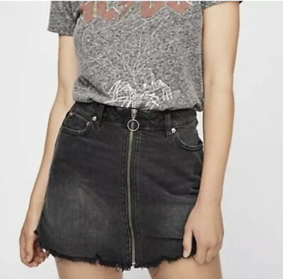 #ad We The Free People Size 24 Black Zip It Up Denim Mini Skirt Raw Hem Cotton Fray $15.99