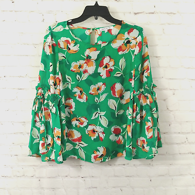 #ad Rose Olive Blouse Womens Small Green Floral Long Bell Sleeve Scoop Neck Boho Top $12.99