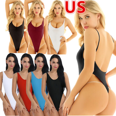 #ad US Women#x27;s Solid Color High Cut Backless Thong Swimsuit One Piece BathingSuits $10.97