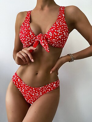 #ad #ad Zaful Front Knot Floral Two Piece Bikini Swimsuit Red White Size S $10.80