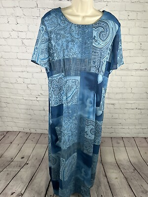#ad Leslie Fay Blue Floral Paisley Back Zip Short Sleeve Pleated Sides Maxi Dress 18 $26.00
