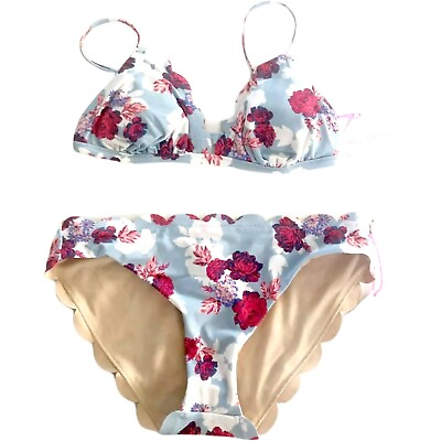 #ad Vanilla Beach Small Bikini Scallop Roses Blue Swim Top Hipster Bottom LOT #SQ7 $11.86