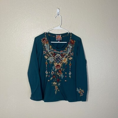#ad Johnny Was Top Womens Medium Teal Floral Embroidered BOHO Shirt $43.75