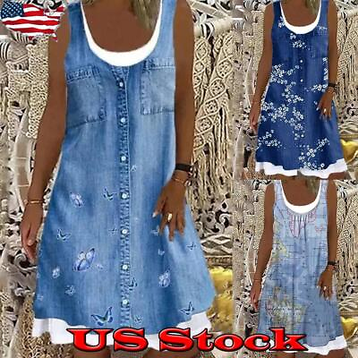 #ad ⭐⭐Plus Size Womens Summer Floral Sleeveless Midi Dress Loose Tank Beach Sundress $17.65