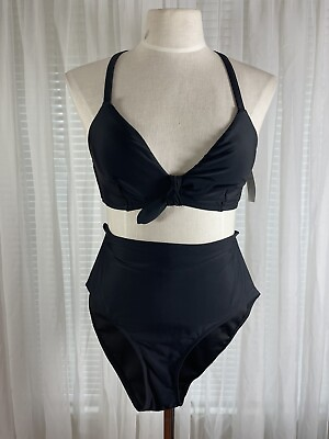 #ad Cupshe Bikini Womens Size M Black V Neck 2 Pc Padded Swimsuit High Waist Bottom $19.77