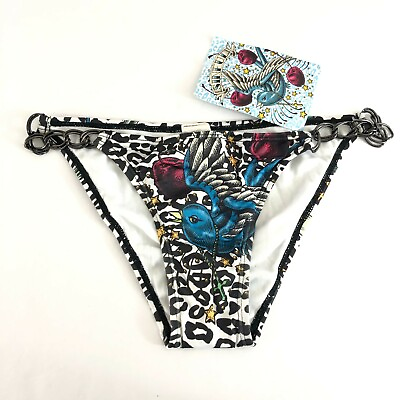 #ad Sinful by Affliction Bikini Bottom Chain Leopard Print Bird Lady Luck Cherry XS $19.99