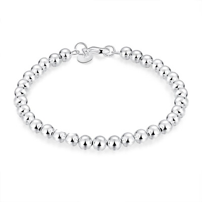 925 sterling Silver 6MM beads chain Bracelet for women wedding cute party lady C $2.50