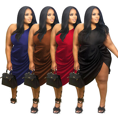 #ad Sexy Plus Size Women Sloping Shoulder Sleeveless Asymmetric Club Party Dress $35.94