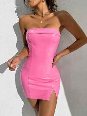 #ad Strapless Shiny Patent Leather Mini Dress Party Women Wet Look Bodycon Dress $26.60