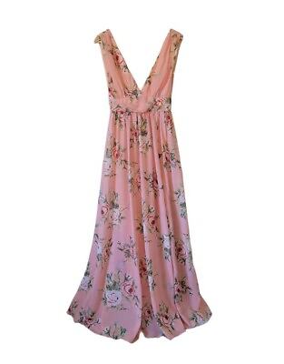 #ad NWT Sz S Blush Mark Rose Print Maxi Dress Pink Flowy Empire Waist Plunge V Neck $24.98